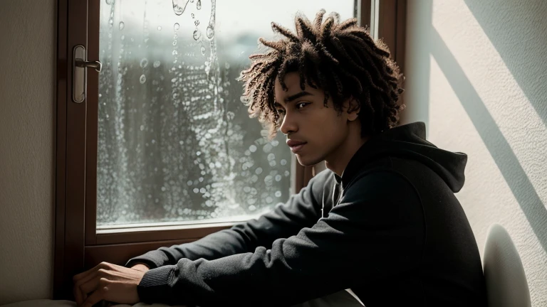 In the middle of the cozy atmosphere of a room plunged into the shadows, A young teenager of African descent sitting, the weight of grief on his shoulders. Ses yeux, Pools of emotions, are fixed intensely on the mobile phone he is holding, sa lueur peignant un doux, Blue glow on her tear-streaked face. Chaque gouttelette qui coule le long de sa joue semble porter une histoire, A moment of grief amplified by the device in his hand. The surrounding environment is bare, with peeling wallpaper and solitary dark bulb, souligner son isolement. Every detail, from the subtlest quivering of her lips to the reflection in her tear-filled eyes, is captured with breathtaking realism. photographie, Sony Alpha A1 with 85mm prime lens, Ultra-high-resolution shooting to encapsulate raw emotion and fine nuances of the scene, Harnessing natural and ambient light to maintain a poignant mood, --ar 16:9 --V 5.