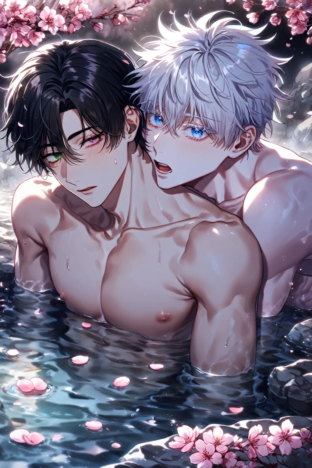 art style of mo dao zu shi hybrid character with wolf ears,masculine and dominant gender, short wolfcut white hair , purple raven iris eyes,pale skin,mature appearance and pale body, thin and delicate. Do it inside a public wooden hot tub with a smile, the naked body being covered by water 