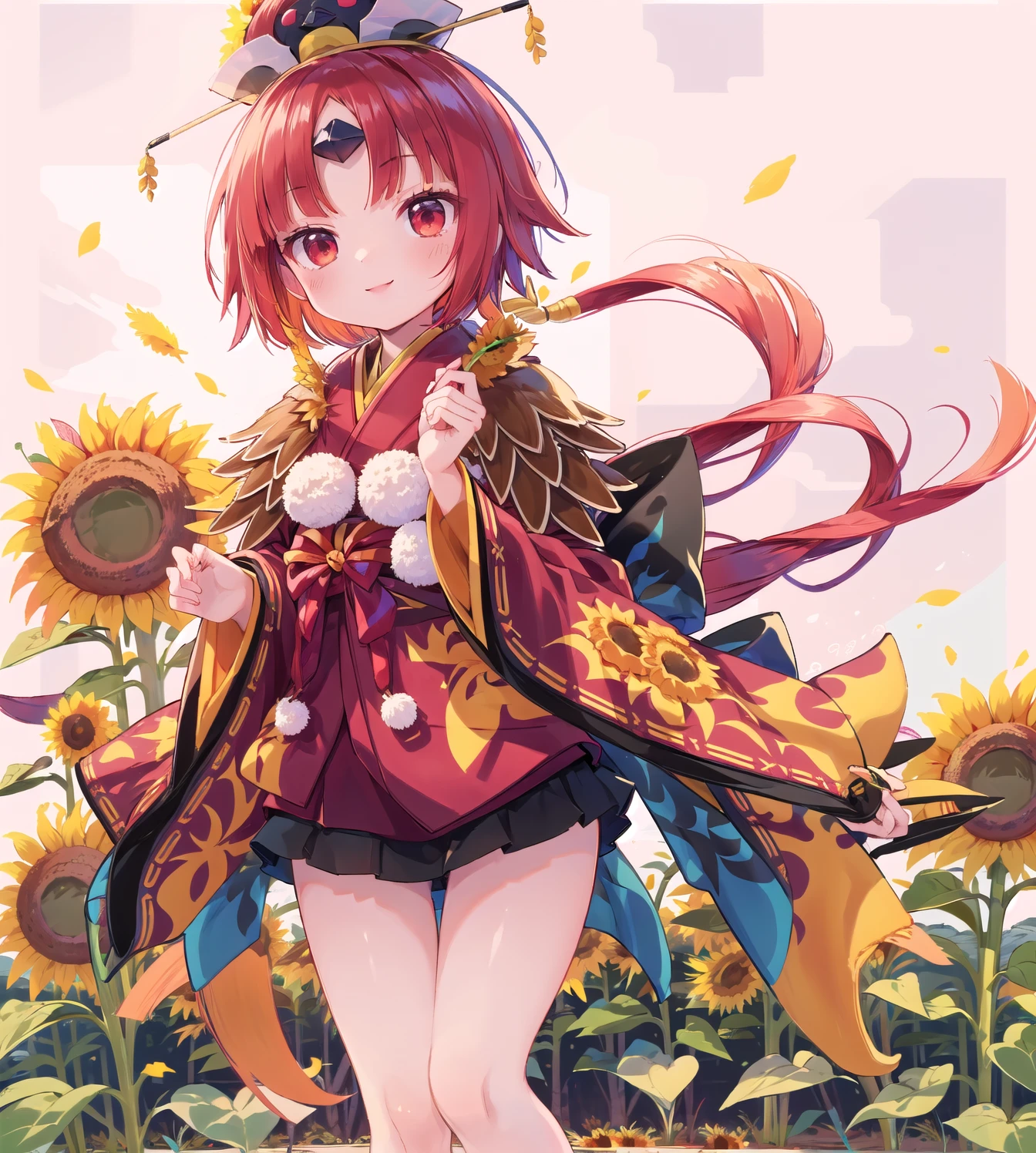 ((masterpiece,best quality:1.2)),((sunflower garden:1.2)),smile,sky:1.2,1girl,be_nienma,wide sleeves,((red japanese clothes:1.2)),red hair, parted sleeves past wrists,Two small pom-poms:1.1,Black 帯,Black mini skirt,ribbon,hat,background