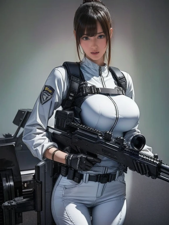 Highest quality、Amazing details、Ultra-high resolution、（realism：1.4）、（（close：0.75））、One woman is very condensed、Beautiful and delicate face、Perfect Proportions、Narrow your target audience、Large Breasts）、Brown Hair、（White Tech Suit）、（Cyborg vs. police uniform、、、Black and grey mech、Military Harness、RPG-7、Hitch Tech Flamethrower Tank Transport）、The background is a simple grey wall、