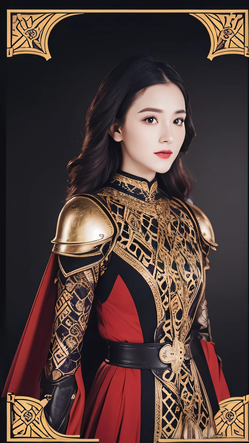 A woman in a red dress and gold armor posing for a picture - SeaArt AI