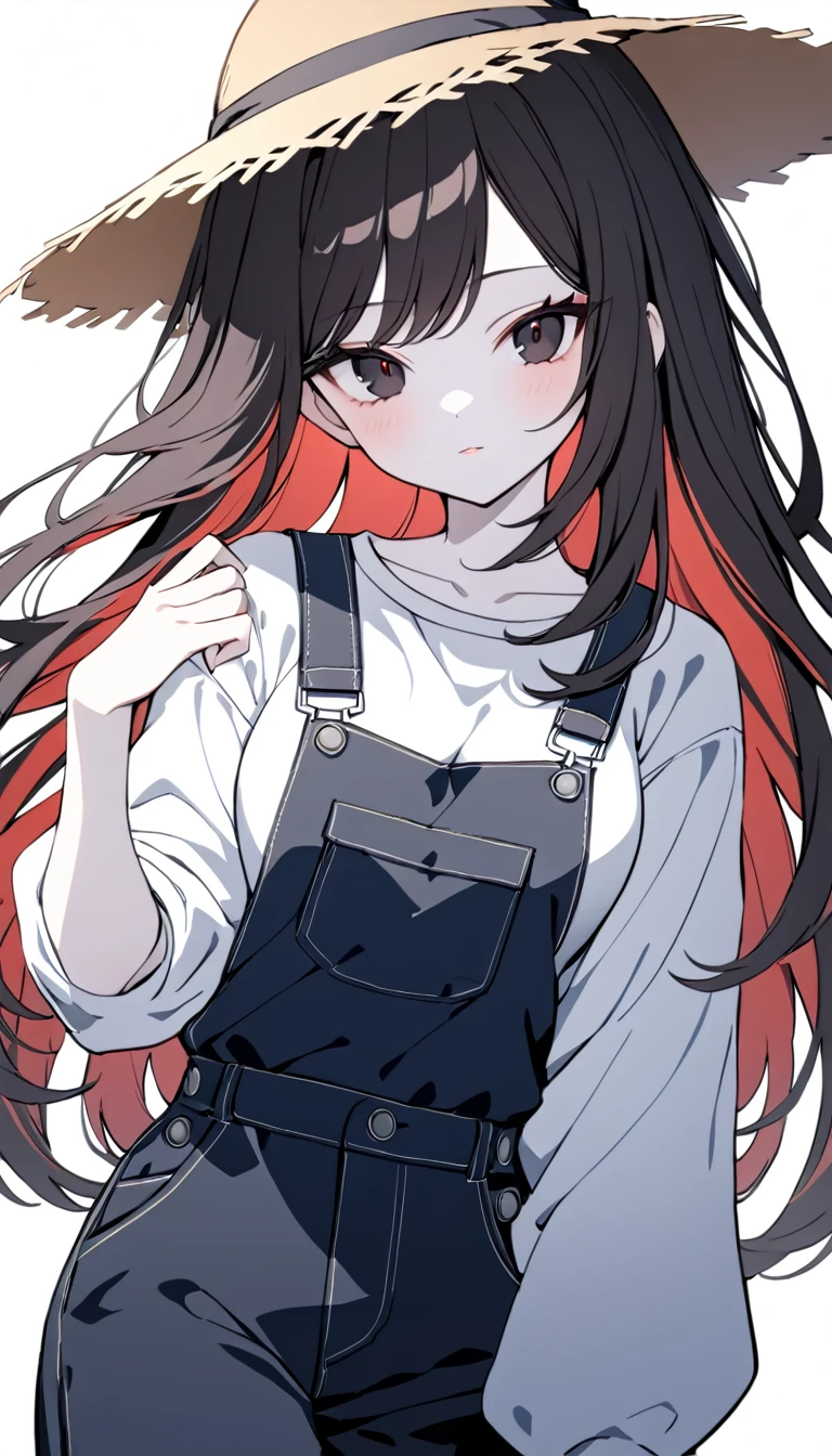 1 Girl, Medium Breasts, Raven Black Hair, Light Red Highlights In Hair, Straight Hair Style, Long Hair, Light Red And Black Eyes, Pale Skin, Smooth Skin, Soft Features, Nice Lips, Cute Face, Overalls, Baggy Shirt, Straw Hat 