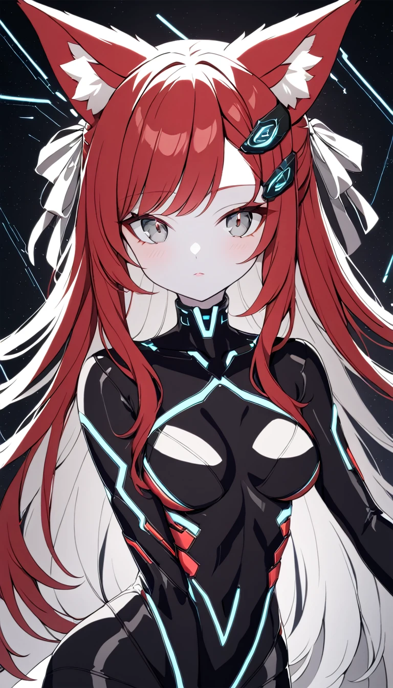 1 Girl, Medium Breasts, Dark Red Hair, Light Grey Highlights In Hair, Long Hair Style, Silver Ribbon In Hair, Long Hair, Silver Eyes, Pale Skin, Smooth Skin, Soft Features, Nice Lips, Cute Face, Fox Girl, Fox Tail, Fox Ears, Black and Red Clothes, Cyberpunk Bodysuit, Bio mechanical Body 