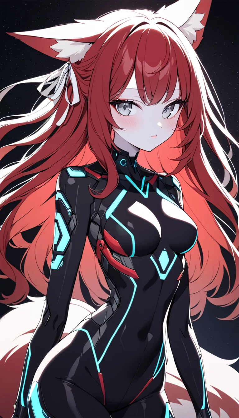 1 Girl, Medium Breasts, Dark Red Hair, Light Grey Highlights In Hair, Long Hair Style, Silver Ribbon In Hair, Long Hair, Silver Eyes, Pale Skin, Smooth Skin, Soft Features, Nice Lips, Cute Face, Fox Girl, Fox Tail, Fox Ears, Black and Red Clothes, Cyberpunk Bodysuit, Bio mechanical Body 