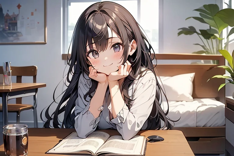 (((masterpiece, Best Quality, High resolution, 超High resolution, Pixel Perfect, Written boundary depth, 4K, RTTX 10.0, Human Development Report)))、One girl、Dutch Angle、Game CG、Five fingers、Perfect hands、Dynamic angle、On the bed、（Prone）、Reading a book、（Cleavage）、Smiling face、Nightwear