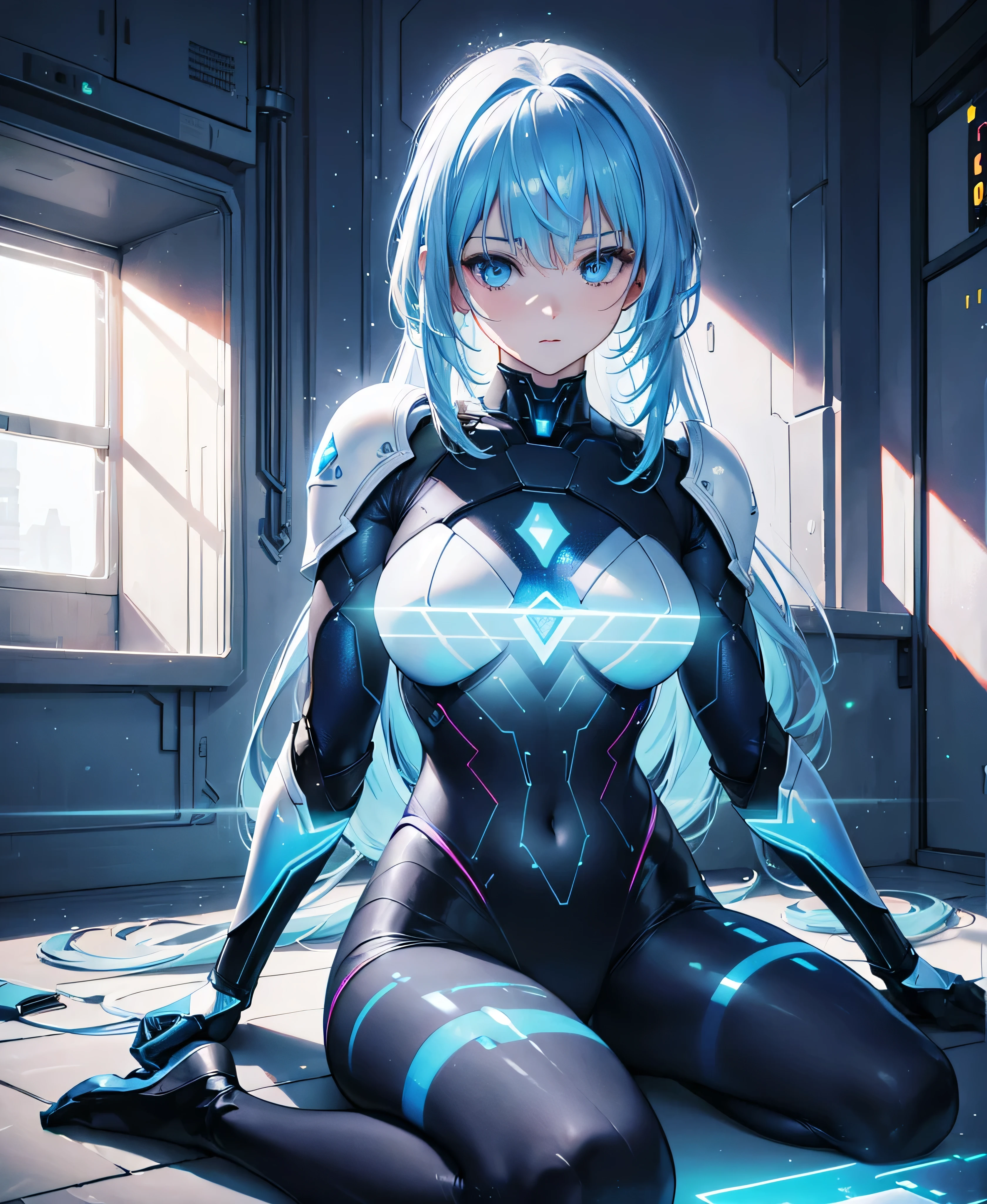 The overall look is dark,The neon on her body is the light source Anime girl wearing glowing clothes sitting on the ground, Glowing Blue, Glowing Details!, Glowing Aesthetics, Shining with Magical Light, White Glowing Veins, Glowing Details, Shimmering with Colorful Lights, Bioluminescent Skin!, with Glowing Blue lights, anime characters; full body art, Glow effect, Luminous veins, Blue light. fantasy, Anime girl with blue glowing aura wearing luminous clothing sitting on the ground, yuumei'A cyberpunk art style, Douban, holography, Glowing Blue, Glowing Details!, Shining with Magical Light, Glowing Aesthetics, White Glowing Veins, Glowing Details, Shimmering with Colorful Lights, Bioluminescent Skin!, with Glowing Blue lights, anime characters; full body art, Glow effect, Luminous veins