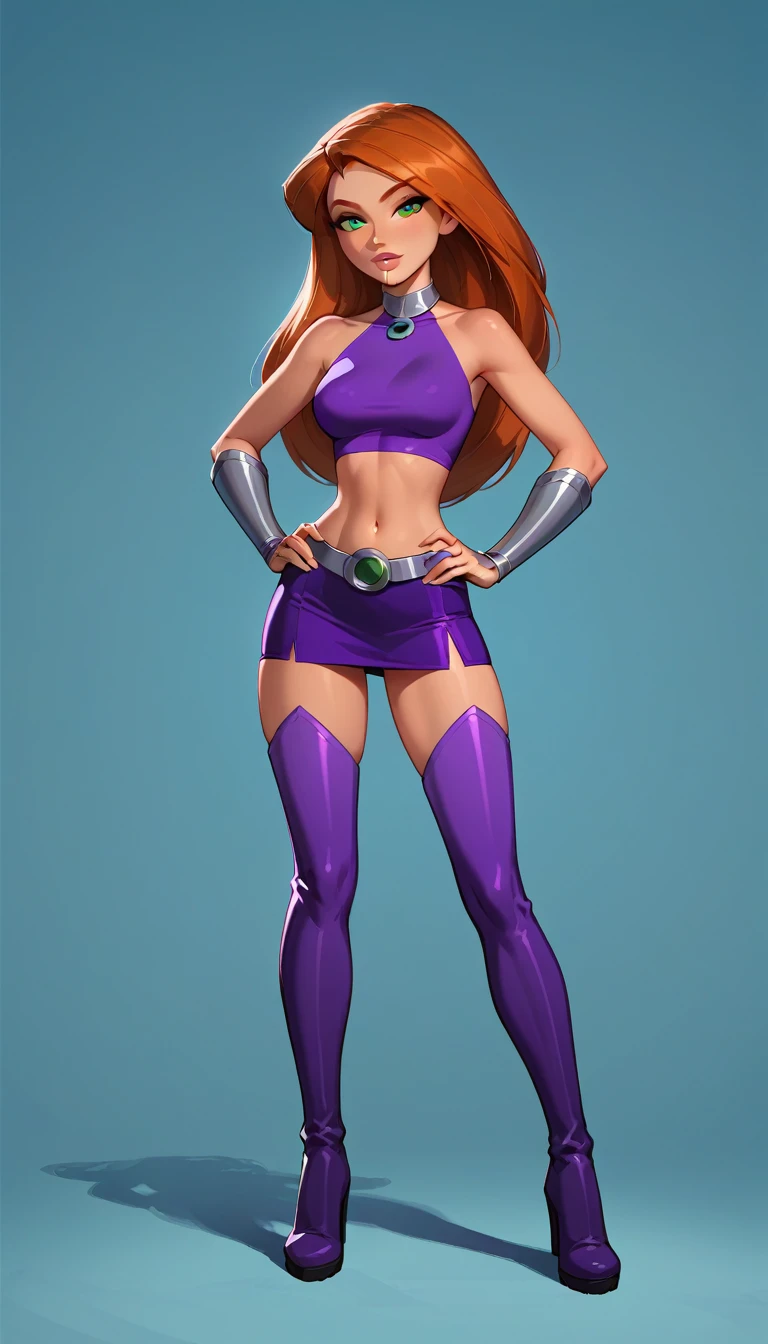 score_9, score_8_up, score_7_up, 1girl, (Kim Possible, wearing Starfire costume, purple top, purple thigh boots, gorget, vambraces:1.4), (purple miniskirt:1.5) flirt, gaze, sexy look, half-closed eyes, head tilt, filled lips, thick lips, makeup, hands on hips, sexy pose, (full body in view) expressiveh d4rk01l, perfect hands, perfect proportions, simple background.