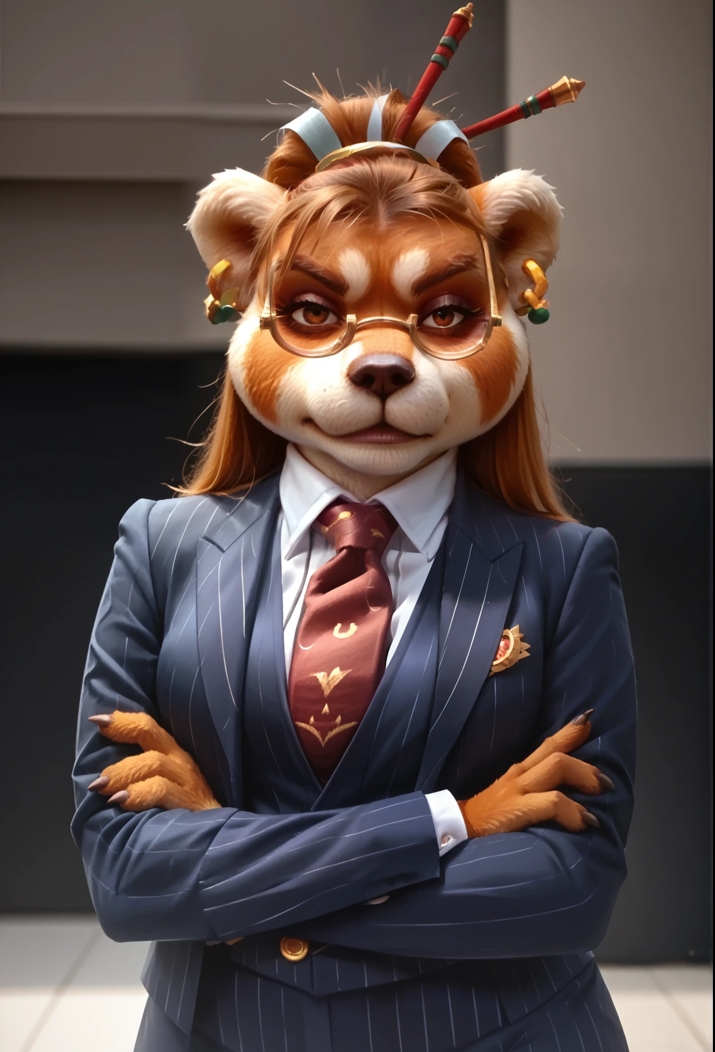 score_9, score_8_up, score_7_up, score_6_up, score_5_up, score_4_up, 1girl, breasts, furry, animal ears, brown hair, brown eyes, earrings, jewelry, hair ornament, glasses, hair stick, three-piece suit, 1girl, formal, jewelry, suit, red striped necktie, waistcoat, navy pinstripe jacket, blue striped shirt with white collar, white shirt collar, shirt, skirt, bodycon skirt, smoky eyeshadow, cufflinks, looking at viewer, close up, office background, superior, boss lady, portrait, looking down nose, stern, smoulder, scowl, strict, crossed arms