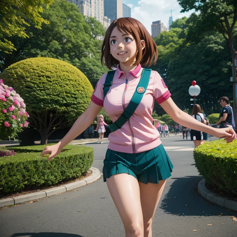 (hyperrealistic girl: 1.2), ((Ochako Uraraka, 20 years old)), (Boku no hero), single body, facing forward, standing, waves happily (inner thighs exposed), lovely pose, casual clothes, (short straight hair), (uniform), big breasts: 1.3, central park, ornate park, hyperrealistic, cinematic lighting, (octane rendering), ray tracing