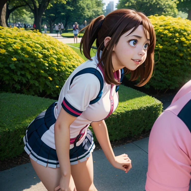 (hyperrealistic girl: 1.2), ((Ochako Uraraka, 20 years old)), (Boku no hero), single body, facing forward, standing, waves happily (inner thighs exposed), lovely pose, casual clothes, (short straight hair), (uniform), big breasts: 1.3, central park, ornate park, hyperrealistic, cinematic lighting, (octane rendering), ray tracing