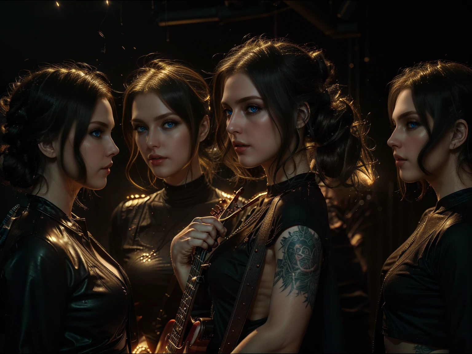 (Trio), An all woman punk band, 3 women, all wearing slightly revealing goth-punk outfits, interior of a smokey dive bar, one woman sings, the second woman plays electric guitar, the third woman plays drums, instruments are worn but cared for, (all the women have some type of updo hairstyle), detailed hair, (each woman poses differently), beautiful eyes and lips, accurate faces, best hands, perfect hands, intricate and separate fingers, 8k, UHD, (studio lighting), lots of rich background details, (award winning photography capturing a sense of hope in dark times), arwen_datnoid_v1, NEGATIVE_HAND-NEG, glow particle, (full length portrait:1.37) 