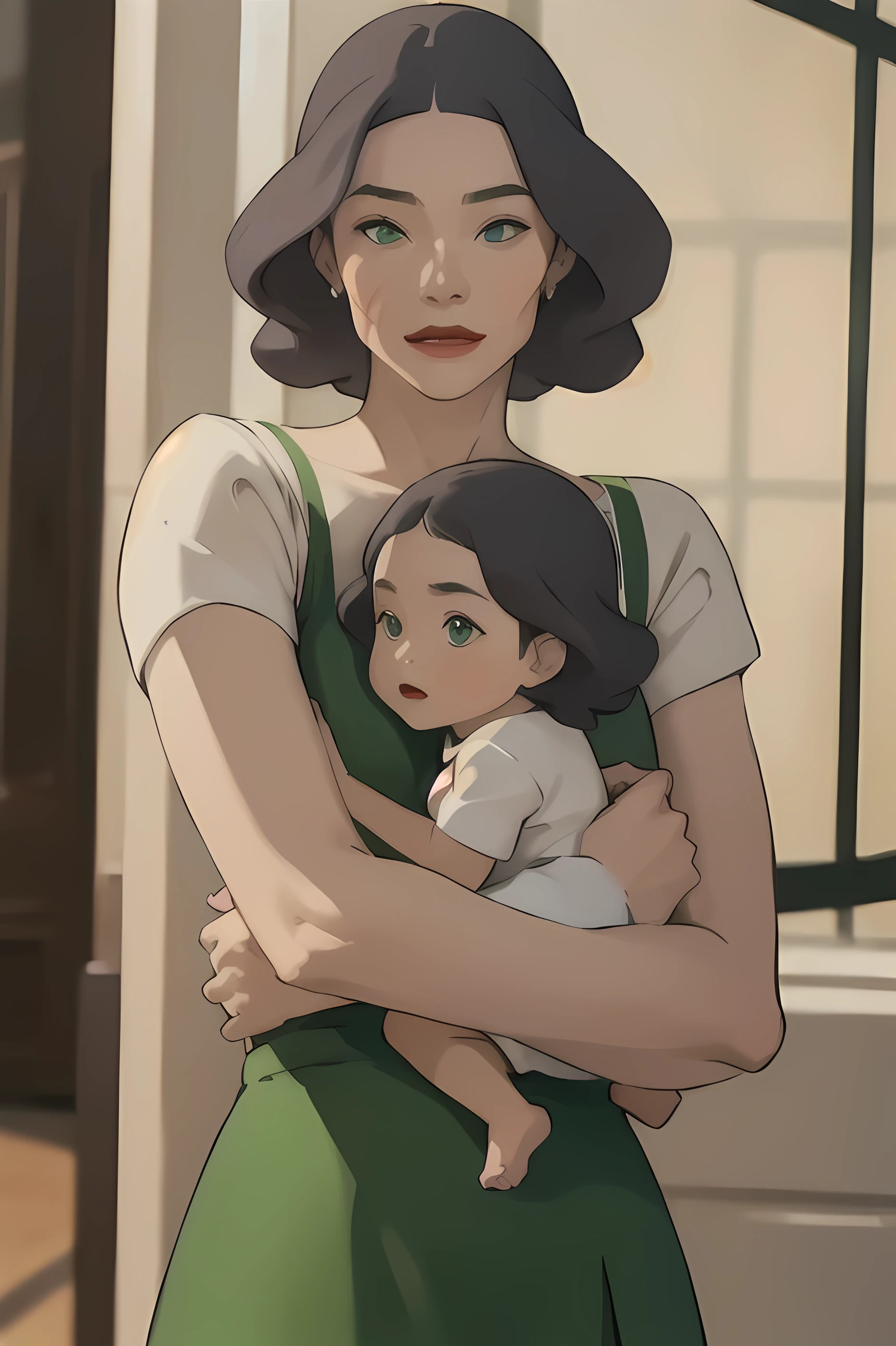 ((work of art,best quality)), absurdities, Line_No_Fong, 1 ,holding a baby in her arms , short_Hair, therefore_Hair, green_eyes,  Separated_lips, Scar on the cheek, dress, invent, lipstick, red_lips, smiling, olhando para o bebê de eyes greens e Hairs therefores,