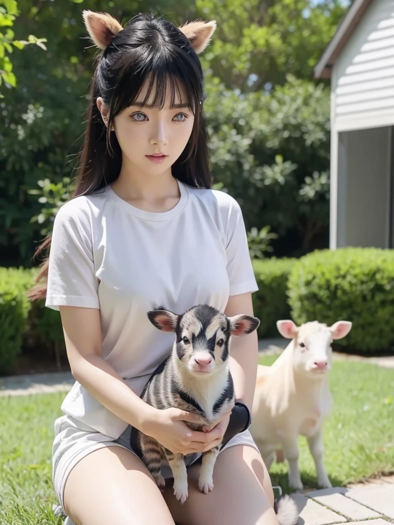 hinata hyuga holding a small cow cub in their hand, tiktok video, talking animals, very cute features, cute features, cute animal, 8 k ultra realistic animal, live footage, iphone video, live, real footage, trending on artstatoon,