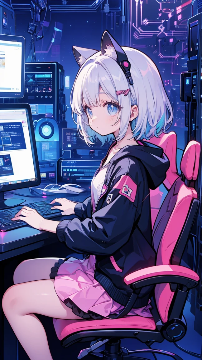 Best Quality, Highest quality, Very young girl, Alone, code, Hacker Style, View the computer, A slight blush,、Side view、Deep purple, dark, cable, Vintage, Cyberpunk, Medium bust, Big Breasts, Sparkling amber eyes, Black eyes, Eye Reflexes, length upper eyelashes, length, White Hair, Ash grey mesh, Bob Hair, ((Black hoodie)), (White flared skirt), smile, Cat ears, first round, Sit on a chair, In front of the computer, ビデオGameをプレイする,Game,((Gameのコントローラー)),データセンターのbackground, Deep purple主题, Night City、 Leaning forward, Beautiful art, background((Hacker Room, Server Room, Neon Light Brace, A room with a lot of electronic devices,Small room,So many computer monitors )),Living alone,, Debris scattered, Line Depth, movie, Visual Arts, Perfect Art, Genuine, Anime Style, Shining, movie照明, Chiaroscuro, Ray Tracing, 8k, MasterpieceSuper thin skin, Ultra detailed face perfect face, Extremely fine facial detail, Beautiful delicate eyes, Perfect Eyes, Correct limbs, Correct diagram, Very detailed figurine, Best hair quality, Best Clothing Quality, Best Prop Quality