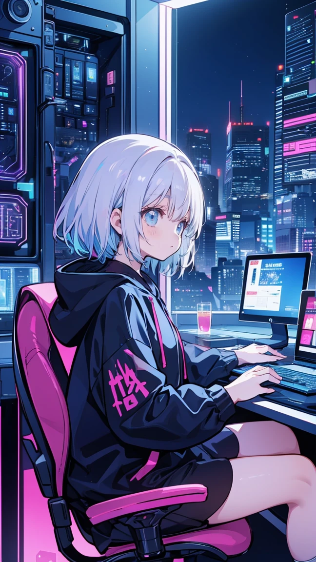 Best Quality, Highest quality, Very young girl, Alone, code, Hacker Style, View the computer, A slight blush,、Side view、Deep purple, dark, cable, Vintage, Cyberpunk, Medium bust, Big Breasts, Sparkling amber eyes, Black eyes, Eye Reflexes, length upper eyelashes, length, White Hair, Ash grey mesh, Bob Hair, ((Black hoodie)), (White flared skirt), smile, Cat ears, first round, Sit on a chair, In front of the computer, ビデオGameをプレイする,Game,((Gameのコントローラー)),データセンターのbackground, Deep purple主题, Night City、 Leaning forward, Beautiful art, background((Hacker Room, Server Room, Neon Light Brace, A room with a lot of electronic devices,Small room,So many computer monitors )),Living alone,, Debris scattered, Line Depth, movie, Visual Arts, Perfect Art, Genuine, Anime Style, Shining, movie照明, Chiaroscuro, Ray Tracing, 8k, MasterpieceSuper thin skin, Ultra detailed face perfect face, Extremely fine facial detail, Beautiful delicate eyes, Perfect Eyes, Correct limbs, Correct diagram, Very detailed figurine, Best hair quality, Best Clothing Quality, Best Prop Quality