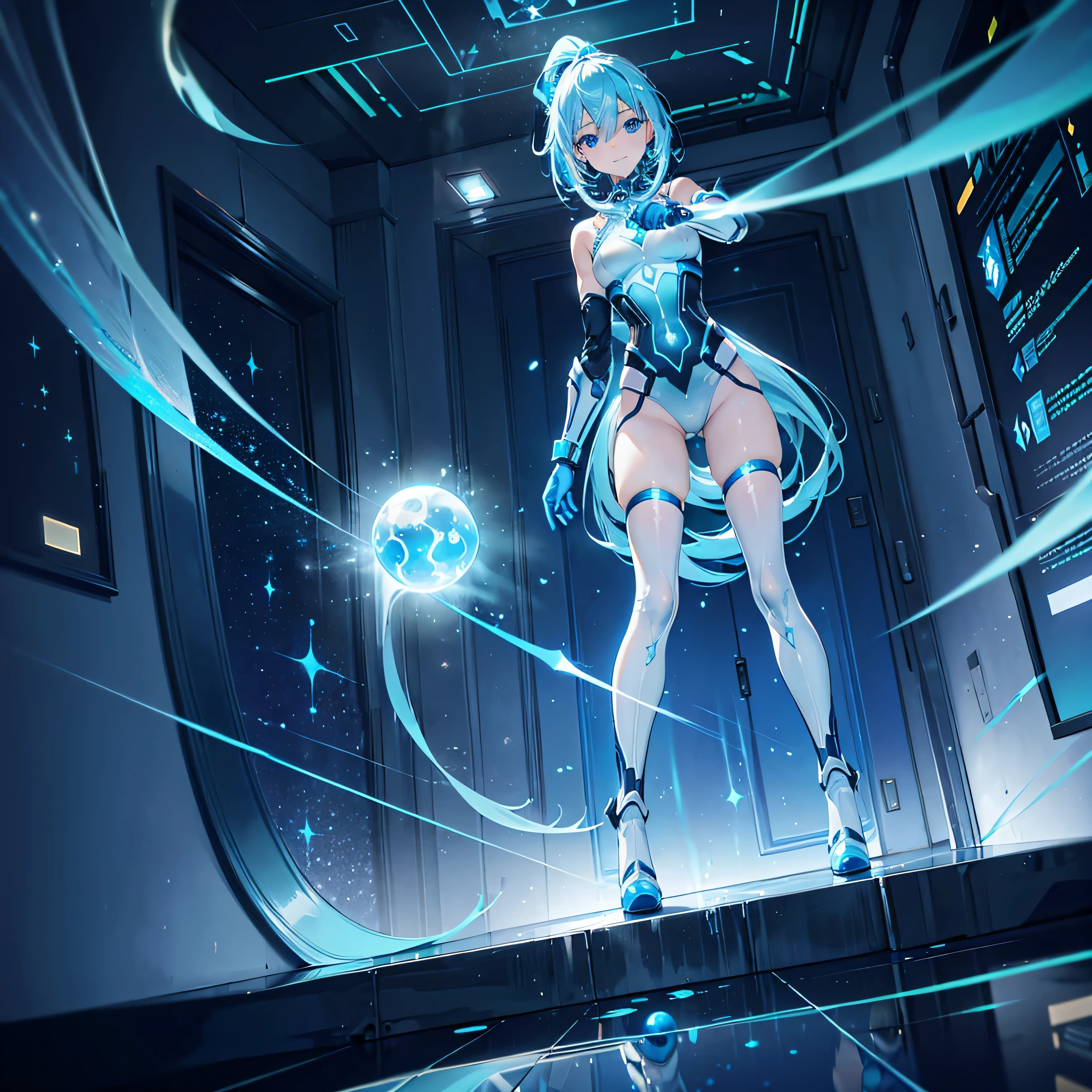 8K, Highest quality, (real:1.4), Original photo, 1 girl, Asari Hair, Biological Amplifier, Very sleek and futuristic armor, posture: Peace talks between warring factions,,attention arousal, smart blue eyes,A modest smile,Knee-high boots,Patent-look blue tights,Blue big moon and blue light swirl in the background,Blue light from behind,blue light magic,A small, glowing blue ball in the palm of your hand,Blue flame swirl,Blue Comet,Polished floor,