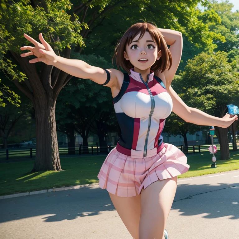 (hyperrealistic girl: 1.2), ((Ochako Uraraka, 20 years old)), (Boku no hero), full body, facing forward, waves happily, lovely pose, (short straight hair), (casual clothes), big breasts: 1.3, central park, ornate park, hyperrealistic, cinematic lighting, (octane rendering), ray tracing