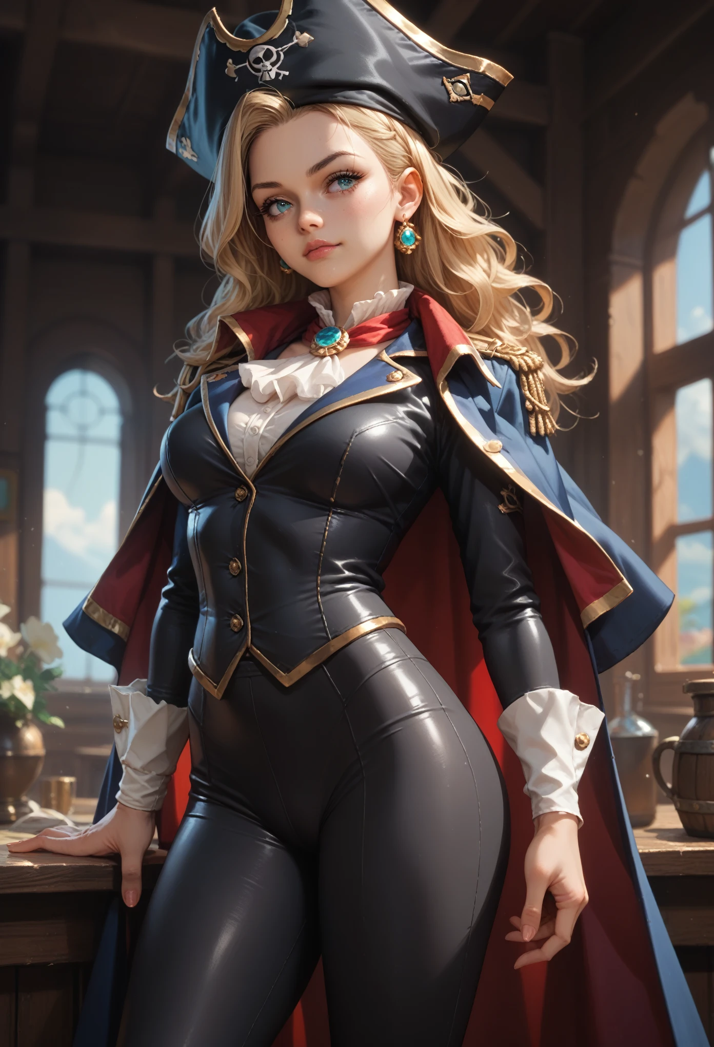 anime girl, sexy figure, tight clothes, Pirate Captain Outfit, Black blouse, black pants, Captain&#39;s Hat, On the Ship Stands at the Helm, Beautiful Summer Day, Marine species, breeze, Black Long Hair Flowing in the Wind,