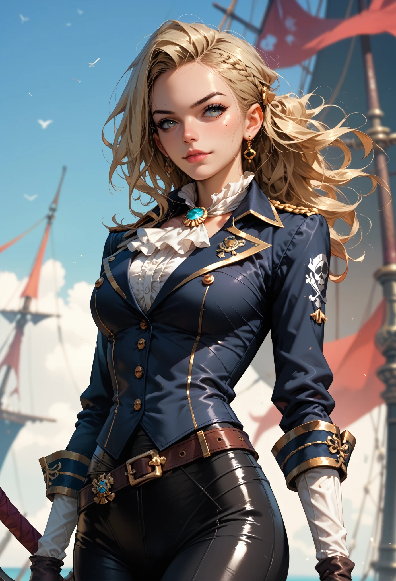 anime girl, sexy figure, tight clothes, Pirate Captain Outfit, Black Blouse, black pants, Captain&#39;s Hat, On the Ship Stands at the Helm, Beautiful Summer Day, Marine species, breeze, Black Long Hair Flowing in the Wind,