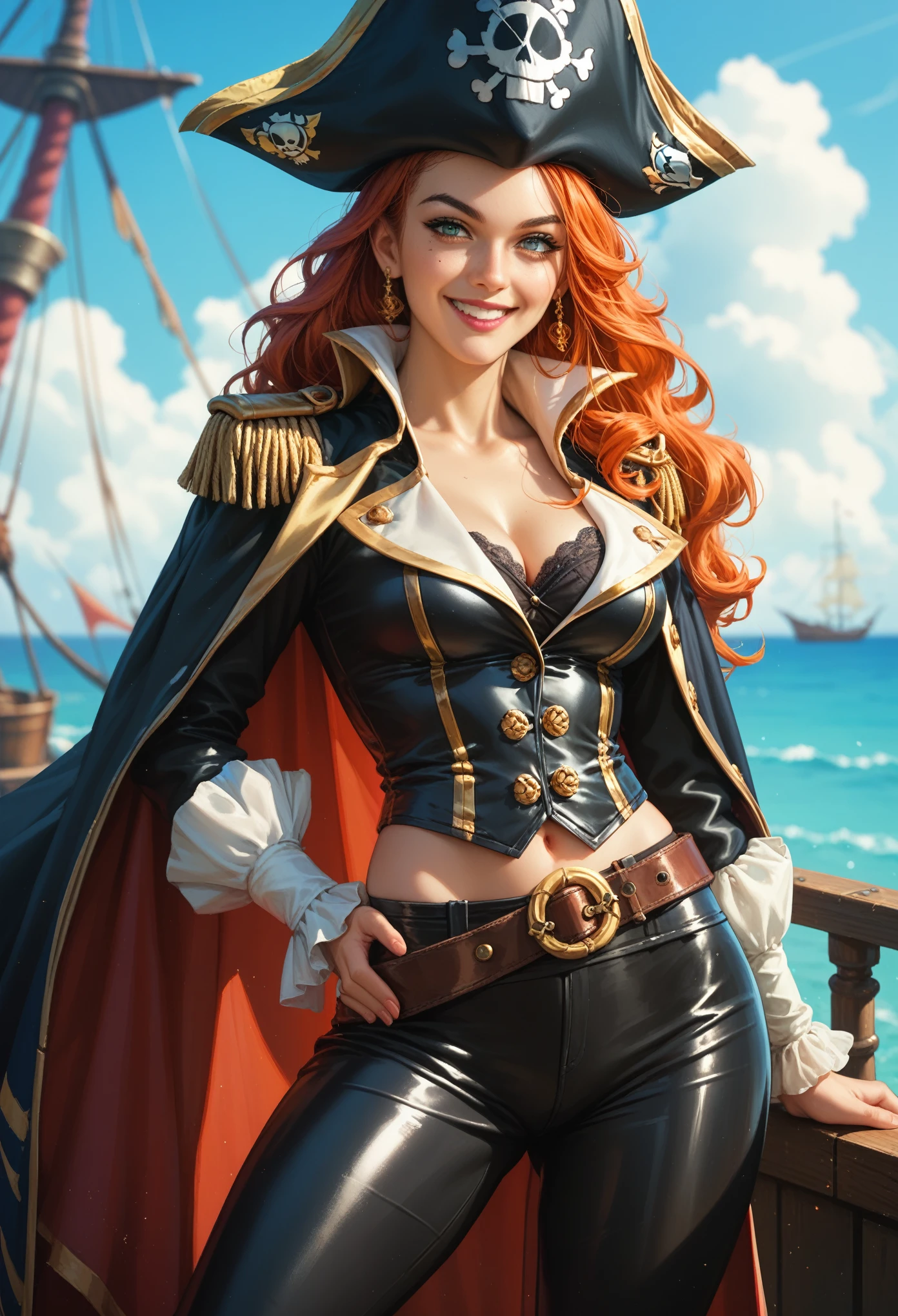 anime girl, smile, sexy figure, tight clothes, Pirate Captain Outfit, Black blouse, black pants, Captain&#39;s Hat, On the Ship Stands at the Helm, Beautiful Summer Day, Marine species, breeze, Black Long Hair Flowing in the Wind,