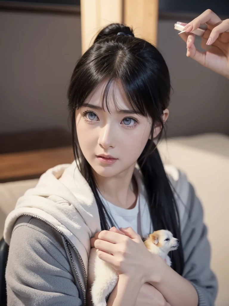 hinata hyuga holding a small puppy cub in their hand, tiktok video, talking animals, very cute features, cute features, cute animal, 8 k ultra realistic animal, live footage, iphone video, live, real footage, trending on artstatoon,