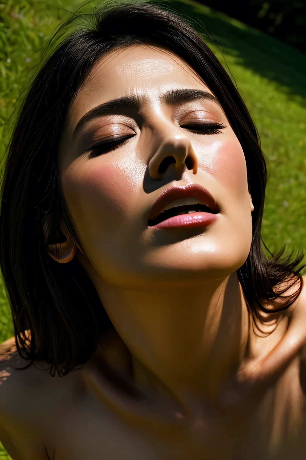 masterpiece, Award-winning photo, Very detailed, Edge Orgasm, Woman with open mouth and closed eyes , Face Focus、Sweaty skin glistens、Lighting that highlights shiny sweat, Black-haired、nsfw、Being thin、Big breasts and small waist、Abdominal muscles、Raise your arms and place them behind your head、(Close-Up of Face),Face shot,Low angle:1.5,Realistic nostrils、Shortcuts、On the grass、Beautiful Japanese Actresses,