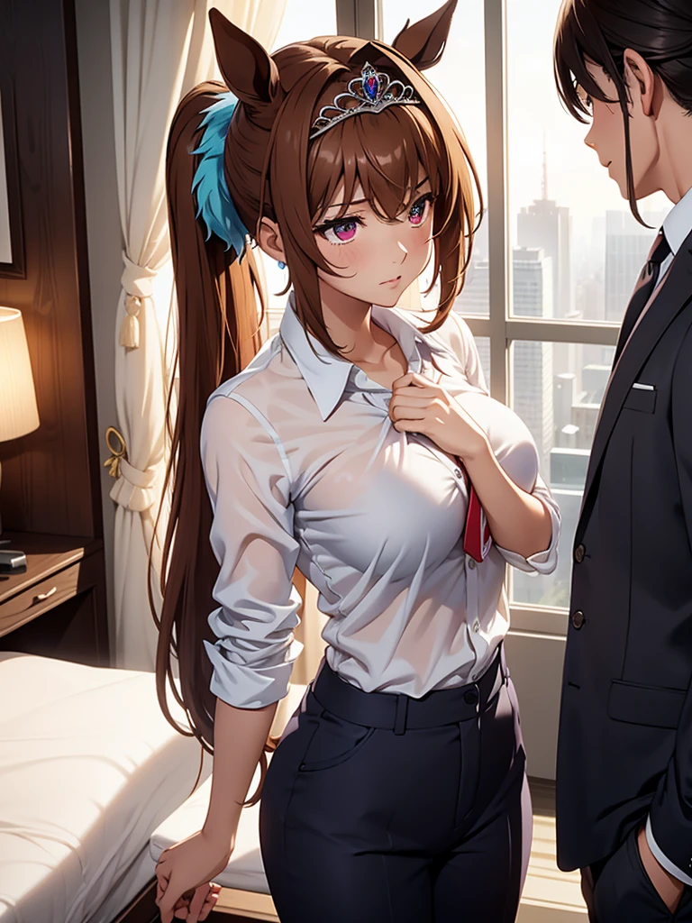 (​masterpiece、top-quality、hight resolution、Unity 8k、extremely details CG:1,Best Picture), (solo, 1girl),Daiwa Scarlet (Uma Musume), ((tiara)), brown hair, hair intake, red eyes, long hair, twintails, (horse ears, horse girl), Scene depicts a caring senior female employee wearing a suit, shirt and trousers. She sits next to a junior male who has just ejaculated from kissing her and gently comforts him. Her expression is warm and understanding: ‘Don't worry, I can give you an erection as many times as you want. Come on, I'll give you a cleaning blowjob.’ She speaks softly to him. The scene depicts the contrast with the intimate and emotional moment and shows her comforting him. hotel room