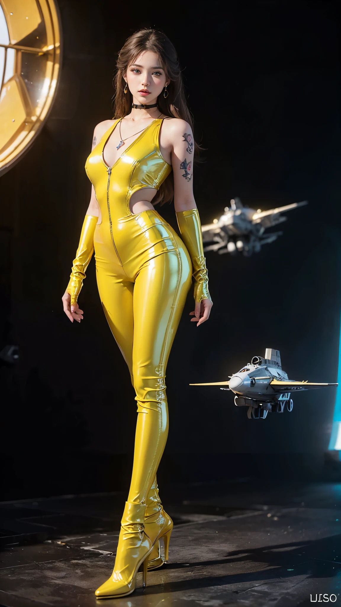 ((masterpiece:1.4)、(highest quality:1.4)、(Realistic:1.7))、Masterpiece:1.4、(Top-notch rendering:1.4)、(Yuki, the beautiful navigator of the Space Battleship Hikari:1.4)、Super Beauty航海士Yuki、(By Luis Royo:1.4)、(A uniform that accentuates your beautiful figure:1.2)、(Futuristic sci-fi battle fashion:1.2)、(Street Style Wear)、(Tight Fit Pants)、(Shiny luxury latex:1.4)、(Luxury yellow latex:1.4)、19 years old、(Cute Tattoos:1.4)、(Wearing yellow gloves)、Cute Girl、Super Beauty、(Seductive pose)、Sharp Focus、Portrait Photography:1.4、8k、Photorealistic images:1.4、(Perfect female body:1.4)、Perfect proportions、(Standing:1.4)、(Full body photography:1.4)、Beautiful Face、Fearless look、Beautiful Eyes、(A girl with a beautiful body and slender abdominal muscles)、(Narrow waist:1.4)、(9-body proportions beautiful girl:1.4)、(A beautiful girl with long legs and a good figure:1.4)、Beautiful feet:1.2、(Long Hair:1.2)、Heavy makeup、Eyeshadow、Glow Eye、Glow Lip、Beautiful breasts、Large Breasts:1.2、sexy ass、(Standing facing forward:1.4)、Raw photo、Red lips、Yellow high heels:1.4、choker:1.4、necklace:1.4、Earrings:1.4、1 Screen Display:1.4、Space Battleship Hikari's bridge:1.2