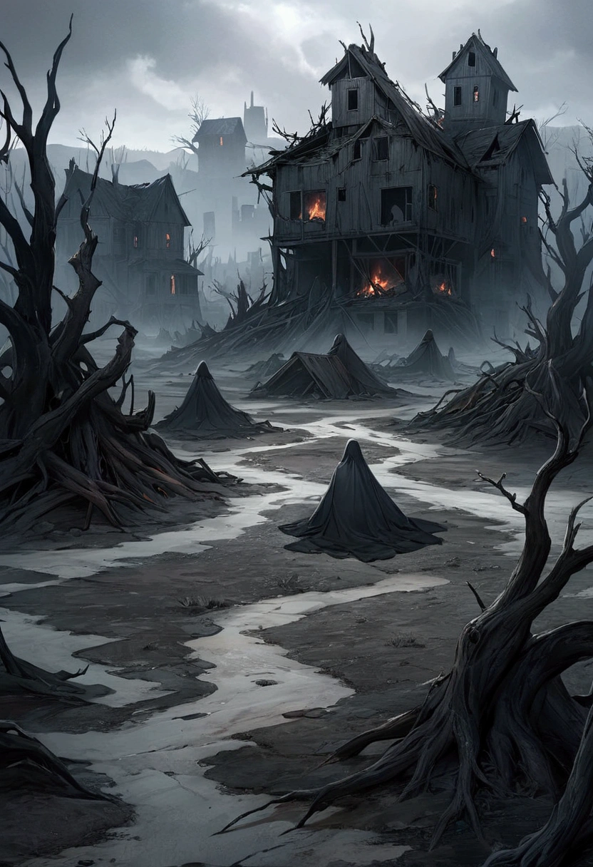 A vast, desolate world known as 'Leerenbrand,' where the landscape is bleak yet alive. The sky is overcast with gray, ash-filled clouds, and the ground is a mix of cracked earth and barren, ashen plains. In the distance, there are dark, burnt forests with twisted, dead trees that loom over the landscape. Scattered through the land are small, ruined villages, where frail wooden houses stand among the ruins of failed attempts to build civilization. Small signs of life are visible, such as distant figures or creatures adapted to the harsh, dark environment. The air feels thick with a sense of burning, although no flames are present. Shadows and ghostly apparitions lurk at the edges of the scene, embodying the mental and emotional turmoil that defines this world. A weak, eerie light casts faint shadows, barely breaking through the gloom.