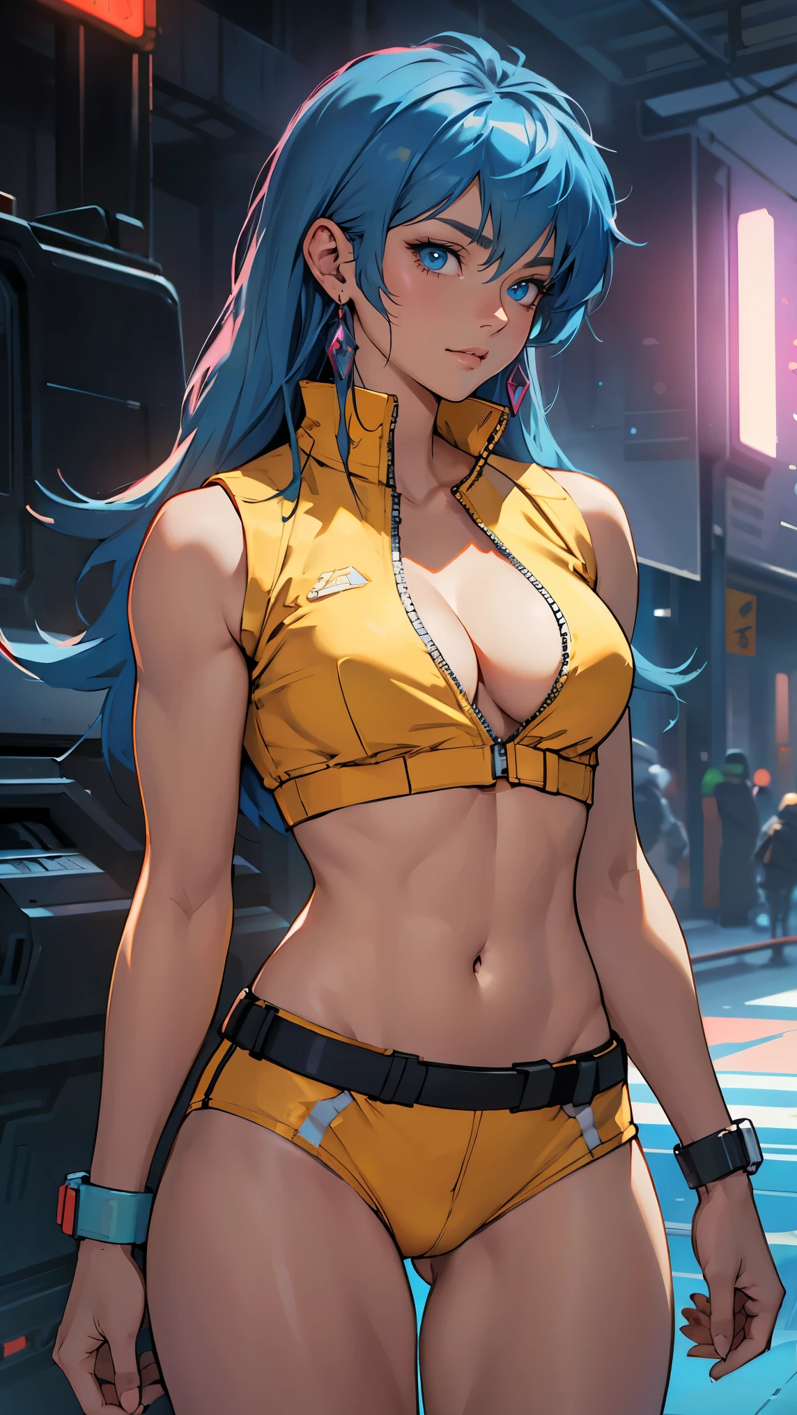 ((Masterpiece, highest quality; 1.3)), super quality, beautiful detail, super detailed, extra fine, 16K, exquisite, absurd, high resolution, beautiful background, detailed background, beautiful eyes, beautiful skin, anime style, dirtypairyuri, Dirty Pair Yuri in a skimpy light yellow outfit, long blue hair, blue eyes, earrings, white yellow uniform, white crop top, cutout, sleeveless, wearing tight clothing, skimpy, (breasts: 1.2), cleavage, cleavage, , obliques, muscular biceps, slim waist, slim thighs, thigh gap, showing stomach, skinny, wide hips, cyberpunk city background, holding a retro space gun