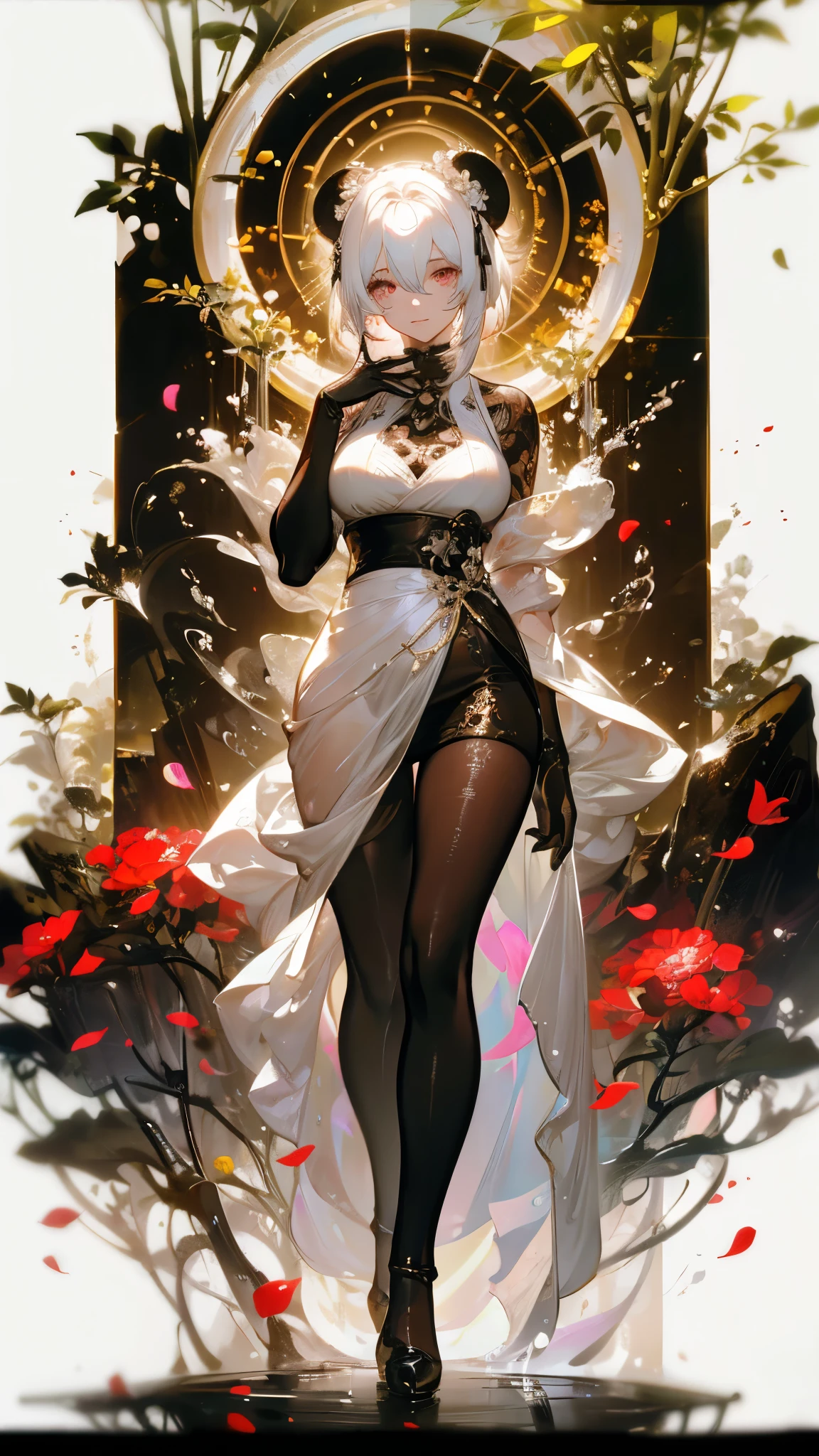 artwork with vibrant colors and monochrome backgrounds, best quality, super fine, 16k, 2.5D, delicate and dynamic depiction, beautiful woman, silver half-up hair, attractive and seductive expression, glamorous slender body, Northern Renaissance, long evening dress made of lace with gold embroidery, accessories, elegant effects, fusion of watercolors and oil paintings, fusion of paper cutting and shadow puppetry, detailed decorated backgrounds, textures on sepia tones