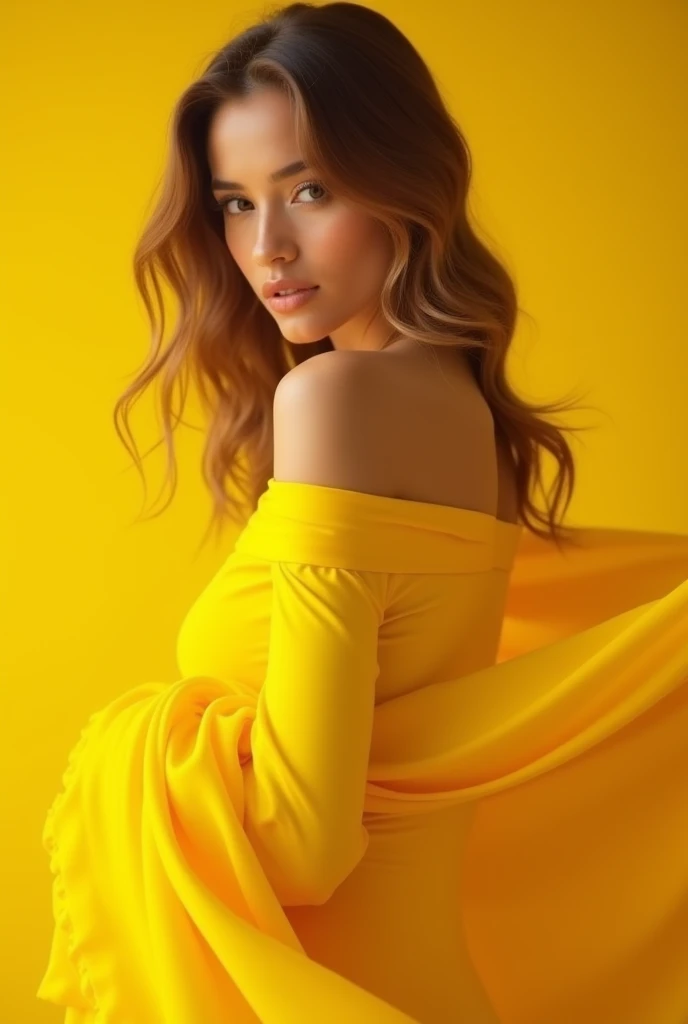 A beautiful Ukrainian woman in her 25s, large breasts, wearing office uniform stand straight. (Yellow uniform). (((plain background. no background))). Yellow hair. Yellow dress.