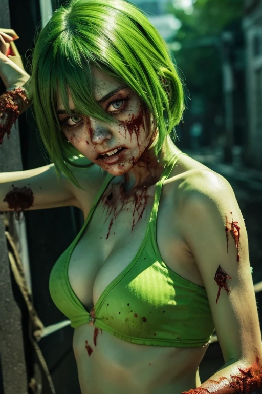zombie girl teal skin, huge breasts, torn swat clothing, combat shorts, black gloves, blood stains all over her body, blue hair, glowing green eyes, posing as a villain, battle pose (((stance))) , cemetery background , full body focus, hdr.