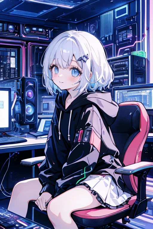 Best Quality, Highest quality, Very young girl, Alone, code, Hacker Style, View the computer, A slight blush,、Side view、Light pink,Light blue, cable, Vintage, Cyberpunk, Medium bust, Big Breasts, Sparkling amber eyes, Black eyes, Eye Reflexes, length upper eyelashes, length, White Hair, Ash grey mesh, Bob Hair, ((Black hoodie)), (White flared skirt), smile, Cat ears, first round, Sit on a chair, In front of the computer, ビデオGameをプレイする,Game,((Gameのコントローラー)),データセンターのbackground, Deep purple theme, Night City、 Leaning forward, Beautiful art, background((Hacker Room, Server Room, Neon Light Brace, A room with a lot of electronic devices,Small room,So many computer monitors )),Living alone,, Debris scattered, Line Depth, movie, Visual Arts, Perfect Art, Genuine, Anime Style, Shining, movie照明, Chiaroscuro, Ray Tracing, 8k, MasterpieceSuper thin skin, Ultra detailed face perfect face, Extremely fine facial detail, Beautiful delicate eyes, Perfect Eyes, Correct limbs, Correct diagram, Very detailed figurine, Best hair quality, Best Clothing Quality, Best Prop Quality