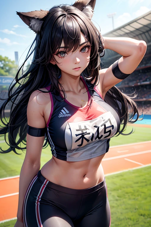 (((masterpiece))),(((High resolution)))、(((8K)))、(((perfect face)))、(((beauty of japan)))、20 years old、(((beautiful face))), (((Track and field athlete))), (sport bra), embarrassed look, look at the camera, thighs、top quality eyes, detailed texture, look at the camera, plump, plump thighs, big tits, low angle, all body