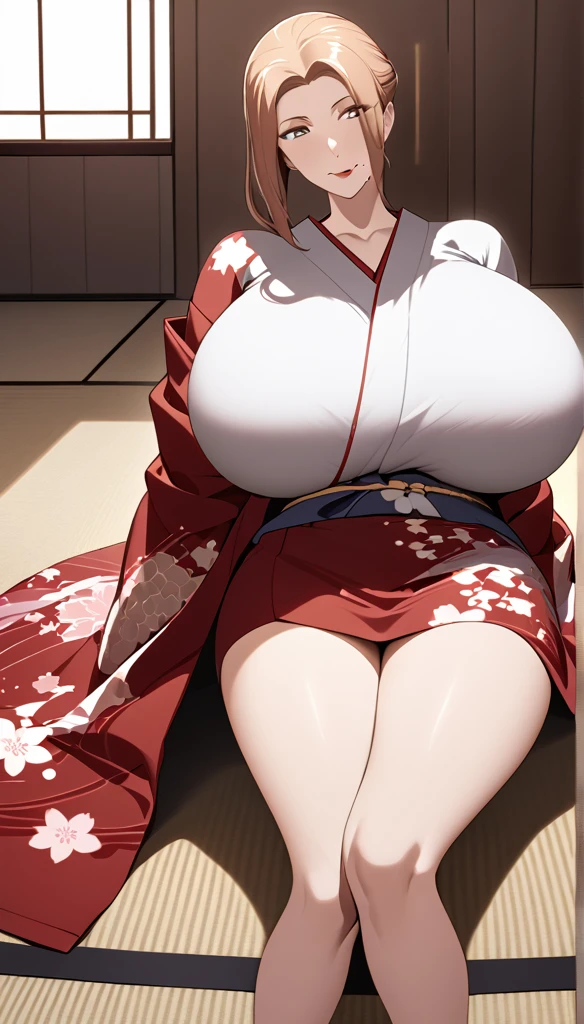 there's an anime character with huge breasts sitting on the floor wearing a kimono, 1girl, mature female, solo, breasts, japanese clothes, mole under mouth, kimono, mole, sitting, looking at viewer, smile