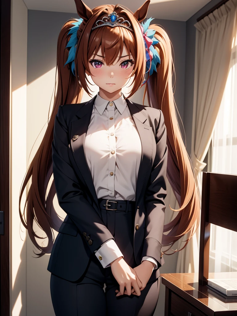 (​masterpiece、top-quality、hight resolution、Unity 8k、extremely details CG:1,Best Picture), (solo, 1girl),Daiwa Scarlet (Uma Musume), ((tiara)), brown hair, hair intake, red eyes, long hair, twintails, (horse ears, horse girl), Scene depicts a caring senior female employee wearing a suit, shirt and trousers. She is at a hotel to help a junior male graduate from his virginity. Her expression is warm and understanding: ‘I am now your own porn star. I want to be fucked by you. Come on, it's okay.’ She speaks gently to him. The scene depicts the contrast with the intimate and emotional moment and shows her comforting him.