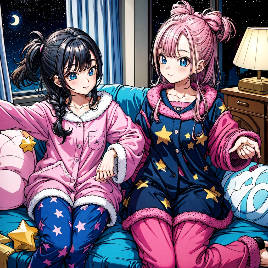 Two  women. Inside.home.room (8k) .Night sky) . (star pattern)Pajama  .starrysky. Selfee. Sit line-up sofa. Pink