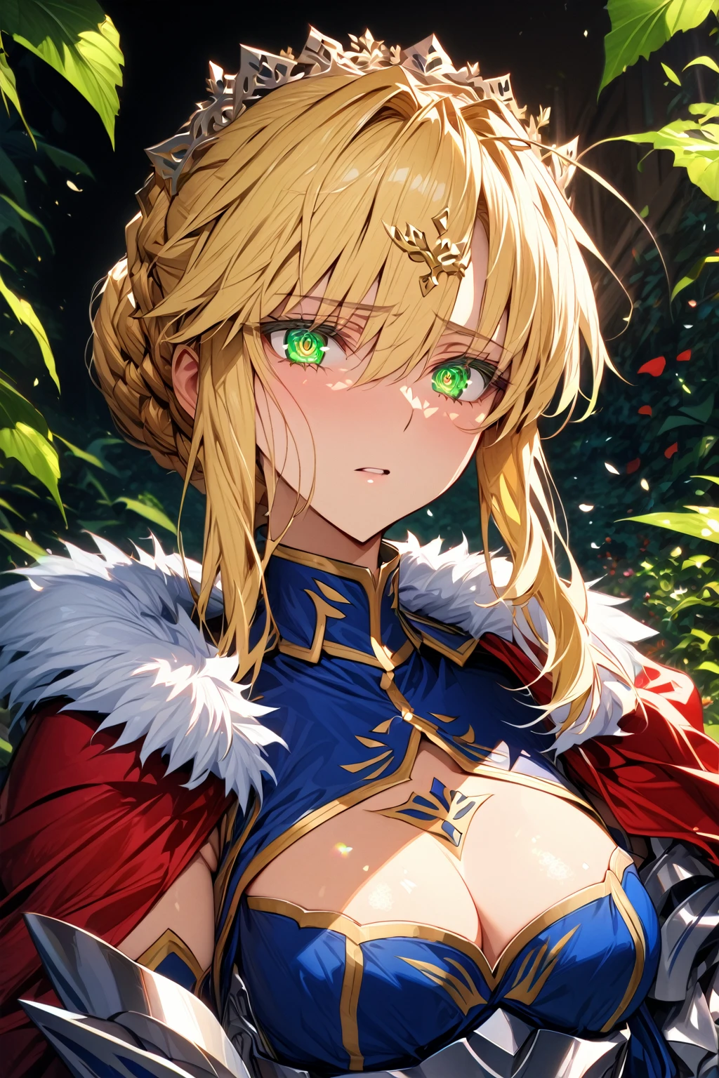 absurdres, highres, ultra detailed, HDR, master piece, Artoria Pendragon, blonde hair, expressive green eyes, woman, best quality, Fate Grand Order, solo, sensual, extremely beautiful, petals, blue clothes, red cape with fur, detailed face, glittering eyes, detailed eyes, garden, green leaves, silver armor