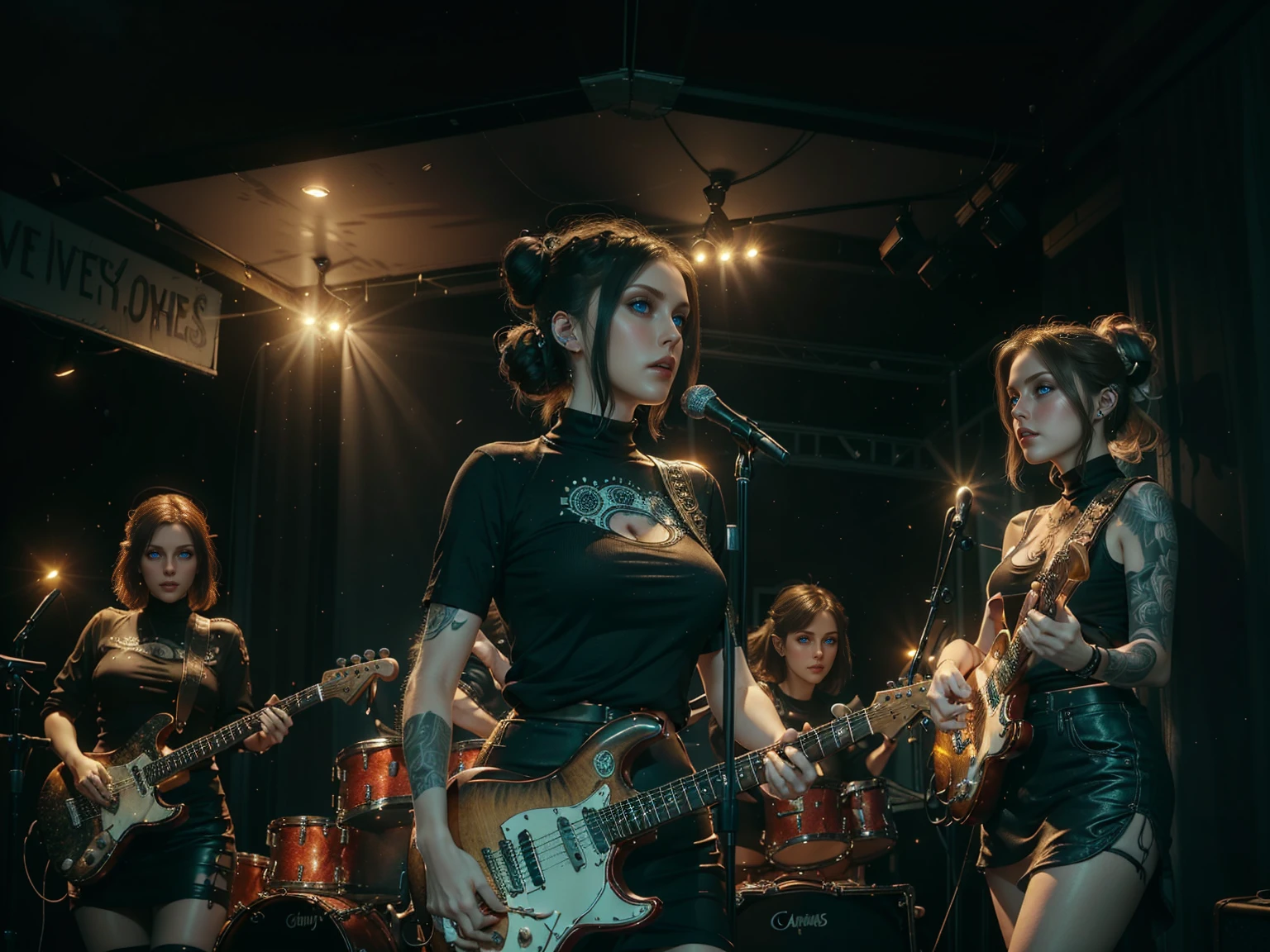 (Trio), An all woman punk band, 3 women, all wearing slightly revealing goth-punk outfits, interior of a smokey dive bar, the women are on stage performing, one woman sings, the second woman plays electric guitar, the third woman plays drums, instruments are worn but cared for, (all the women have some type of updo hairstyle), detailed hair, (each woman poses differently), beautiful eyes and lips, accurate faces, best hands, perfect hands, intricate and separate fingers, 8k, UHD, (studio lighting), lots of rich background details, (award winning photography capturing a sense of hope in dark times), arwen_datnoid_v1, NEGATIVE_HAND-NEG, glow particle, (full length portrait:1.37) 