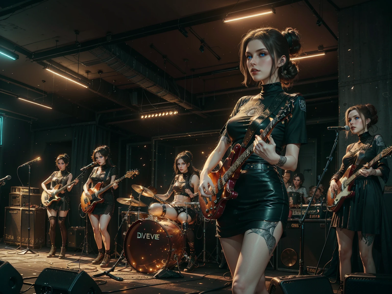 (Trio), An all woman punk band, 3 women, all wearing slightly revealing goth-punk outfits, interior of a smokey dive bar, the women are on stage performing, one woman sings, the second woman plays electric guitar, the third woman plays drums, instruments are worn but cared for, (all the women have some type of updo hairstyle), detailed hair, (each woman poses differently), beautiful eyes and lips, accurate faces, best hands, perfect hands, intricate and separate fingers, 8k, UHD, (studio lighting), lots of rich background details, (award winning photography capturing a sense of hope in dark times), arwen_datnoid_v1, NEGATIVE_HAND-NEG, glow particle, (full length portrait:1.37) 