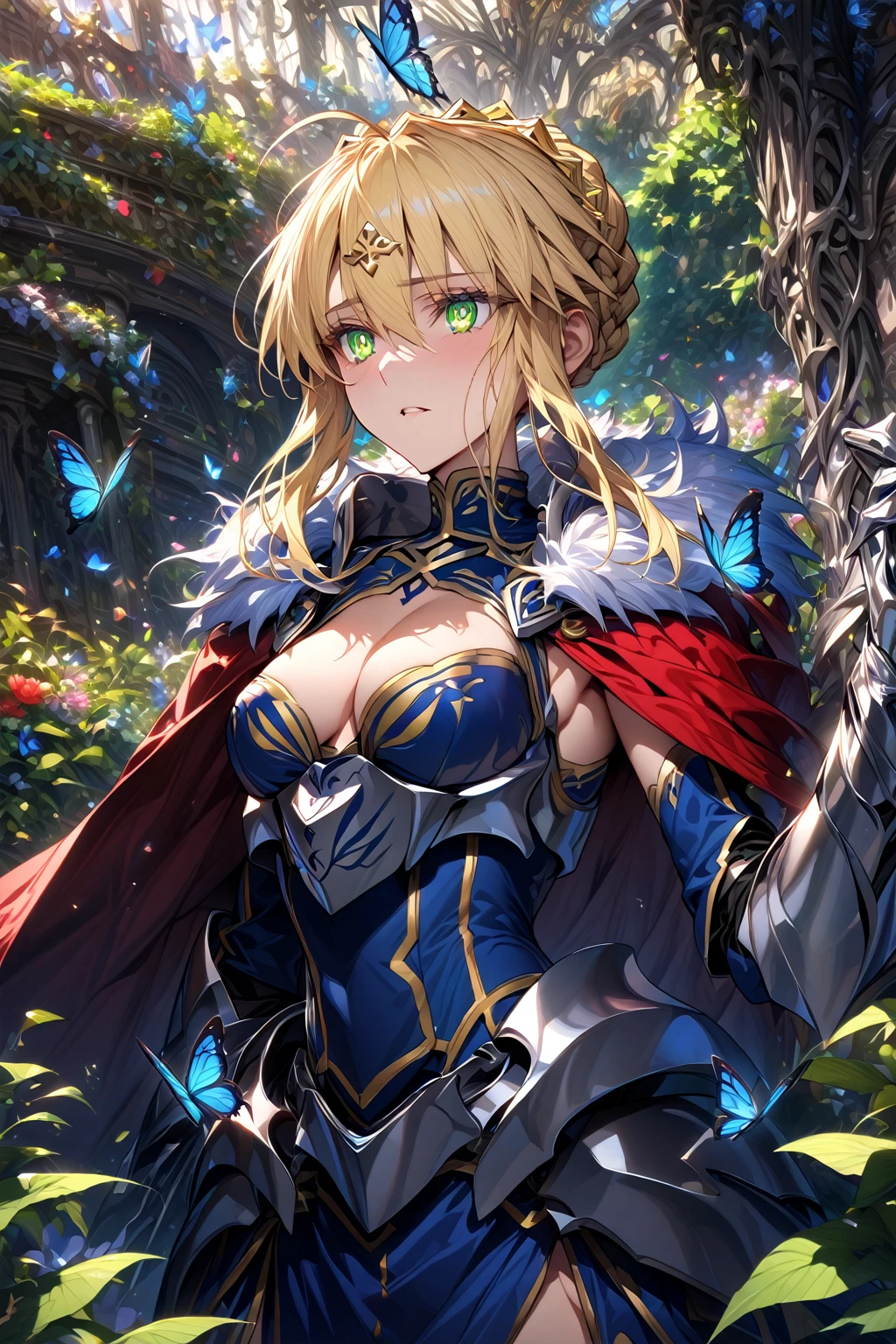 absurdres, highres, ultra detailed, HDR, master piece, Artoria Pendragon, blonde hair, expressive green eyes, woman, best quality, Fate Grand Order, solo, sensual, extremely beautiful, petals, blue clothes, red cape with fur, detailed face, glittering eyes, detailed eyes, garden, green leaves, silver armor, blue butterflies, silver gloves