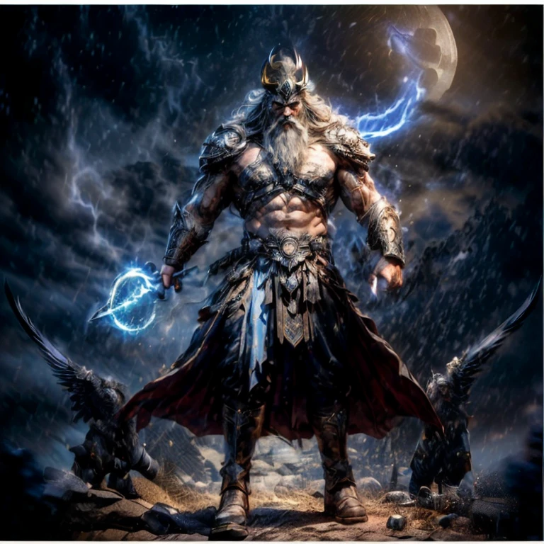 Odin, the Norse god of wisdom, war, and death. He is a muscular man with a long white beard and horns crown. He is wearing a horned helmet, a blue and gold loincloth, and a long blue cape. He is standing in front of a large moon, and there are several black ravens flying around him. Odin is a powerful and imposing figure, and the image conveys his strength and authorityMasterpiece, physically perfect body muscular body frame full bodyshot Very Long Hair, very tall body Blue eyes, physically perfect body muscular body frame full bodyshot,