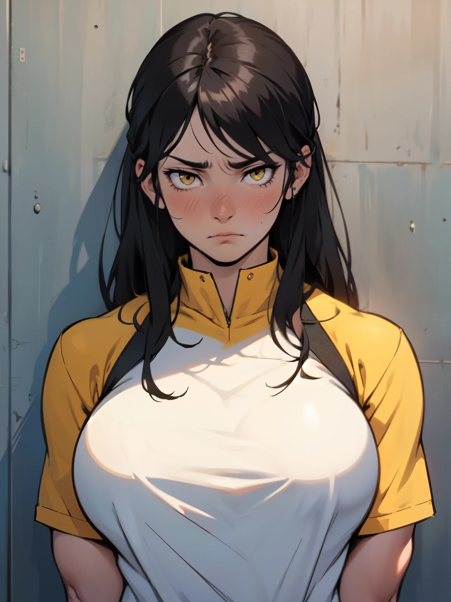 muscular girl huge breasts pale skin black hair long hair yellow eyes disdain annoyed disgusted disappointed