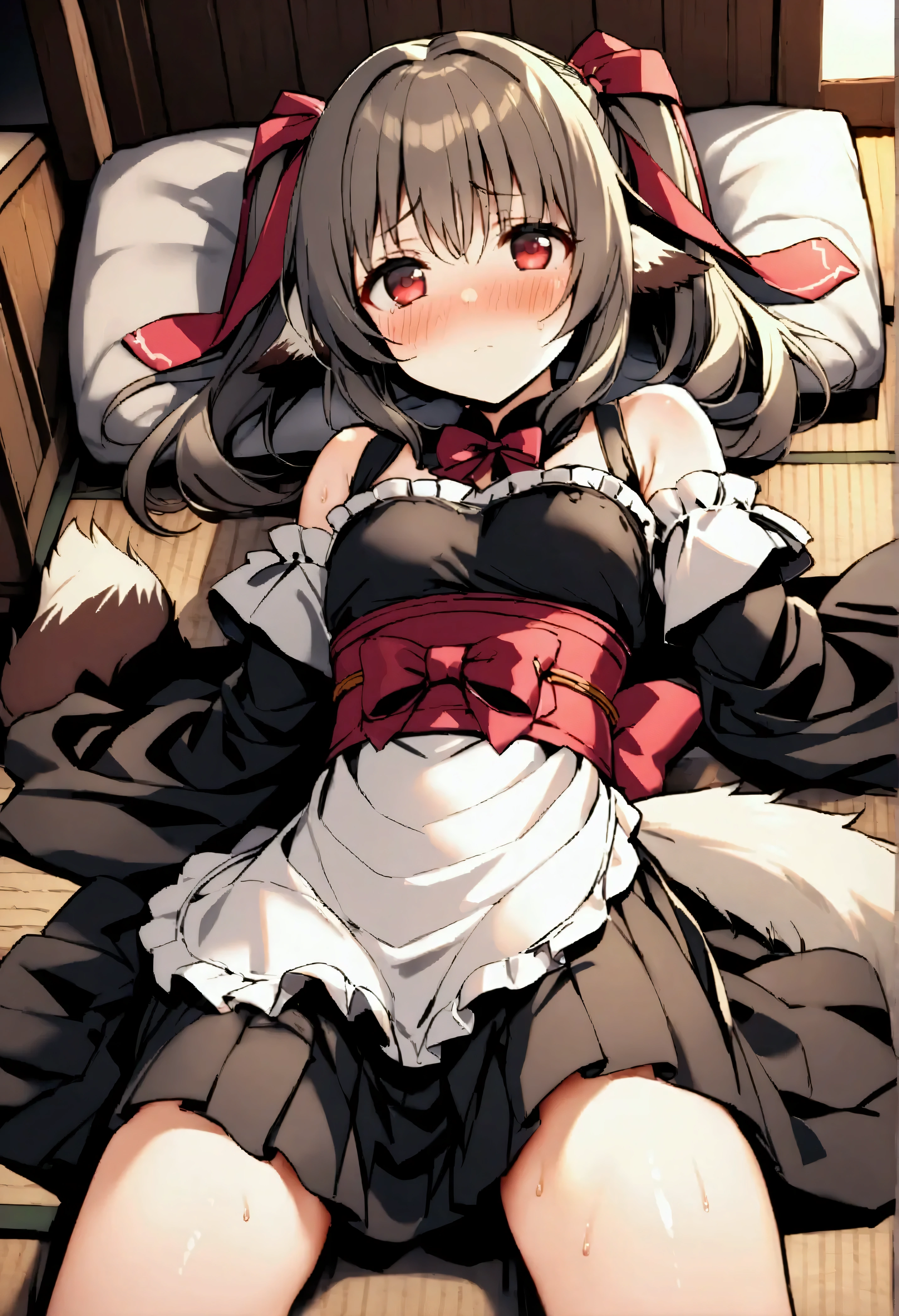 NSFW,masterpiece,Best Quality,High resolution,Very detailed,Nekone\(Utawarerumono\),Twin tails,Hair Ribbon,Red eyes,Animal ears,Tail,Classic maid outfit,Maid Headband,mini skirt,Luxurious mansion,Japanese-style room,Brothel,Night shops,Embarrassed,blush,(Prostitute),Lying down,Lying on your back,Spread your legs,Turn your gaze to the side,Turn face to the side,Look to the side