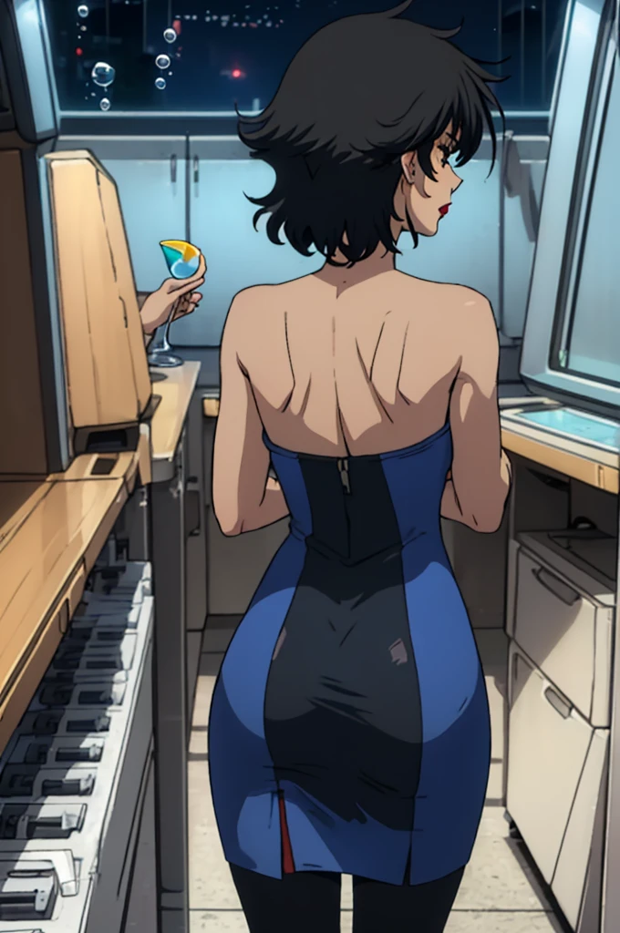 closed mouth, (20 years old), ((1girl)), ((((solo))), (((alone))), (((genderbend))), (((female))), wide hips, thick thighs, huge breast, narrow waist, ((blue top)), ((short sexy skin tight blue cocktail dress)), big cleavage, cocktail, party, ((anime artstyle)), long eyelashes, ((long black hair)), (((at night))), (red lipstick), (black eyeshadow), (in the dark), ((bubble butt)), (((pov: from behind)))