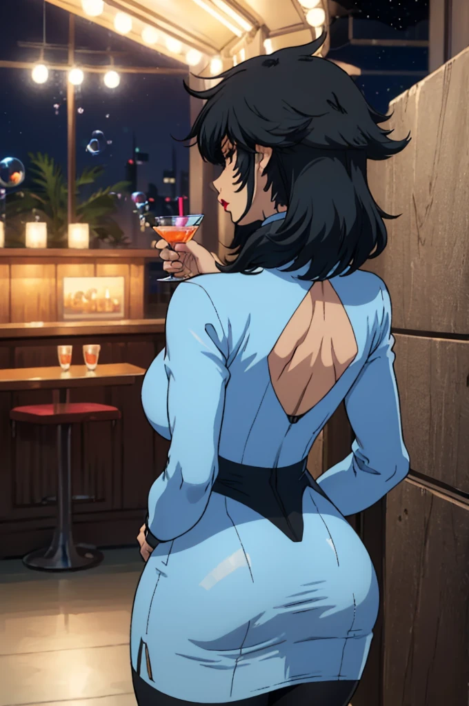 closed mouth, (20 years old), ((1girl)), ((((solo))), (((alone))), (((genderbend))), (((female))), wide hips, thick thighs, huge breast, narrow waist, ((blue top)), ((short sexy skin tight blue cocktail dress)), big cleavage, cocktail, party, ((anime artstyle)), long eyelashes, ((long black hair)), (((at night))), (red lipstick), (black eyeshadow), (in the dark), ((bubble butt)), (((pov: from behind)))