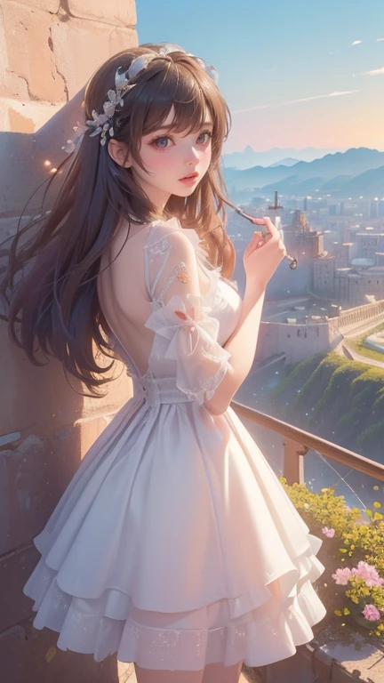 (best quality,Super detailed,Ultra-high resolution, ((masterpiece, Best Quality, The best，((Full Color, Surrealism, Detailed and complex textures, The brushwork is detailed and complex, Detailed and clear depiction, (A hilltop overlooking a beautiful glittering port city、Park Observation Deck, ((Back view of a girl looking at the charming and majestic landscape)), at the top of the wall that extends all the way to the side、Cats gather), look at the scenery, 對明天的hope, [ecstasy, sadness, hope, BREAK Clear and vivid images, (Add layers of transparency), (indifferent, [Beauty, Aesthetic), Cinematic lighting effects, (Detailed and clear depiction, transparency:1.2), Ultra-high resolution, Use all [Beautys of effects to captivate your audience, Detailed and clear picture quality, 16k, Dynamic shots, A work that conveys the charm of a moving landscape, 