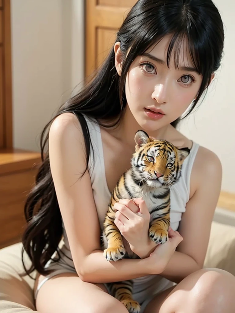 hinata hyuga holding a small tiger cub in their hand, tiktok video, talking animals, very cute features, cute features, cute animal, 8 k ultra realistic animal, live footage, iphone video, live, real footage, trending on artstatoon,