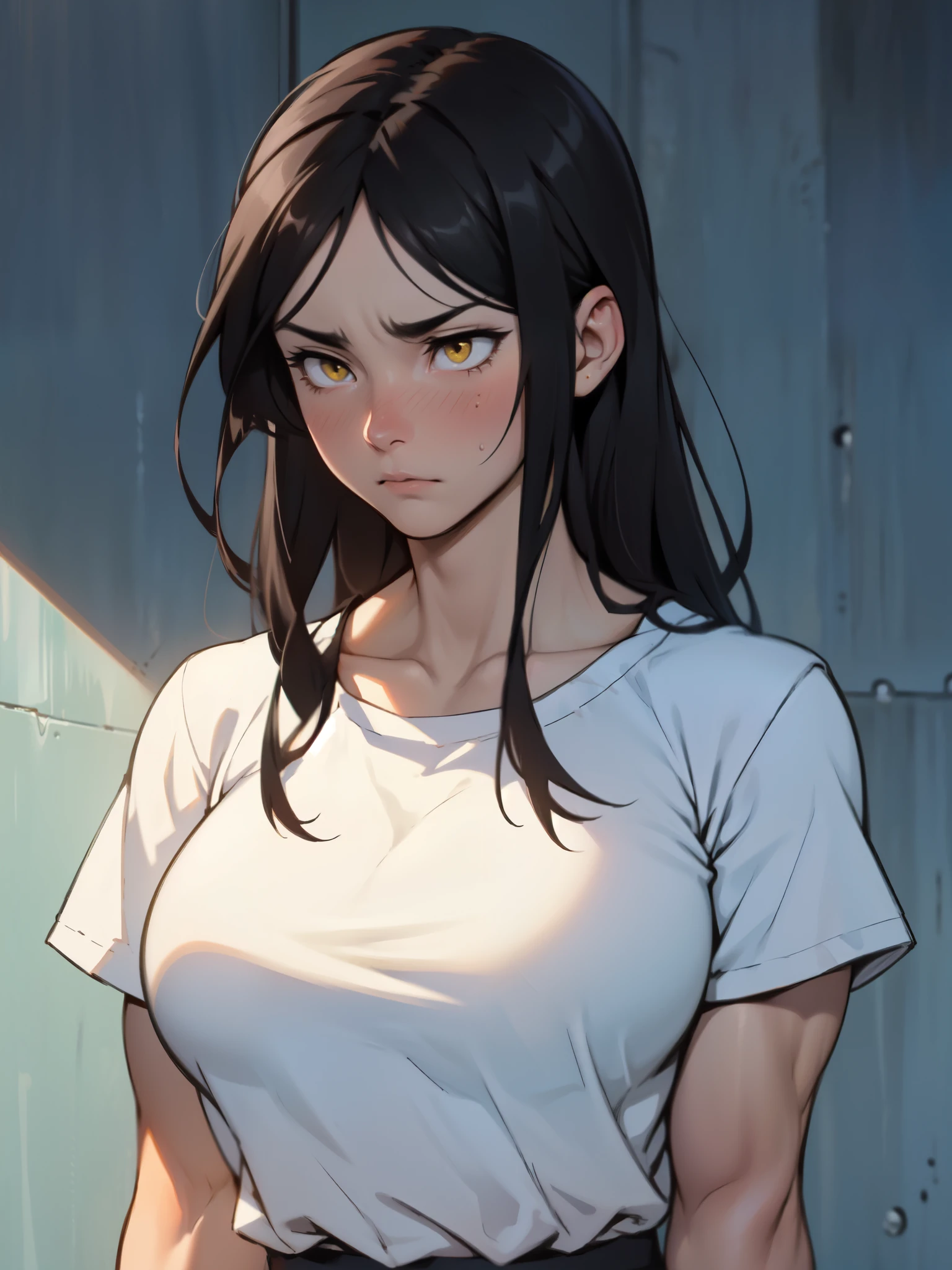 slender girl thick muscular girl black hair yellow eyes pale skin sad girl sad